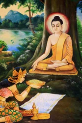 Dem asketischen Buddha wurde am Morgen seiner Erleuchtung von Nandabala eine Schale Milchreis angeboten. Gemälde mit der Lebensgeschichte des Buddha Shakyamuni. Wat Ong Teu Mahawihan. Tempel des schweren Buddha. Vientiane. Laos, 20151028, Vientiane, Laos
