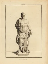 Asklepios, griechischer Gott der Medizin mit schlangenumschlungenem Stab