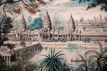 Asiatisches Zivilisationsmuseum, Angkor, Erkundung der heiligen Stadt Kambodschas, Ansicht von Angkor Wat, Druck basierend auf einer Zeichnung von Jacques Guiaud nach einer Skizze von Henri Mouhot, Ansicht von Angkor Wat von Louis Delaporte um 1870-73, Sin
