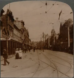 Aucklands Hauptgeschäftsstraße, Queen St., Blick nach Süden, Neuseeland, ca. 1900
