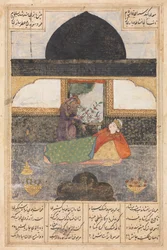 Bahram Gur besucht die Prinzessin von Indien im Schwarzen Pavillon, Vorderseite..., ca. 1400-1410.