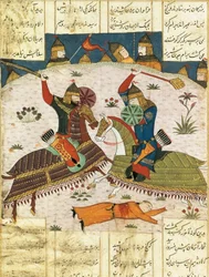 Bahram Shubinas nächtlicher Angriff auf das Lager von Khusrau Parviz, ca. 1420. Gemalte Miniatur