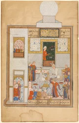 Bahram besucht den weißen Kuppelpavillon recto, Teil des Khamsa von Nizami, Haft Paykar..., ca. 1560