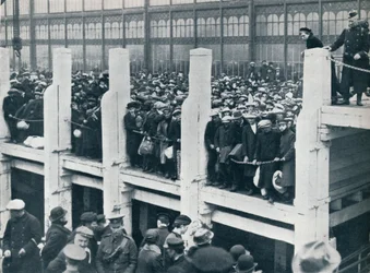 Belgische Flüchtlinge im Hafen von Ostende, die auf ein Boot nach England warten, 1914