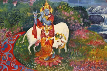 Bhaktivedanta Manor: Gemälde, das Krishna und eine Kuh darstellt, Watford, Großbritannien