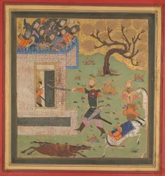 Bizhan zwingt Farud, sich in seine Festung zurückzuziehen, Folio aus einem Shahnama Buch der Könige, ca. 1430-40