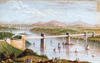 Britannia-Tubularbrücke über die Menai-Straße, Wales, um 1850