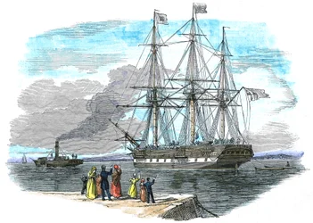 Britisches Auswandererschiff wird aus dem Hafen geschleppt, bevor es nach Sydney, Australien, segelt