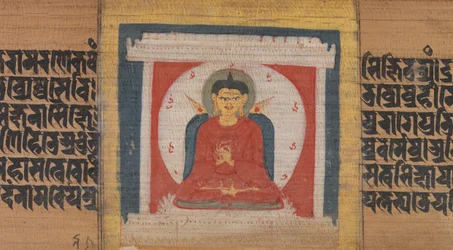Buddha auf einem Thron in einem Schrein, Blatt aus Pancavimsatisahasrika Prajnaparamita, ca. 1090