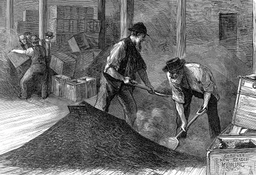 Teeverpackung in den Lagerhäusern der East & West India Dock Company, London, 1874