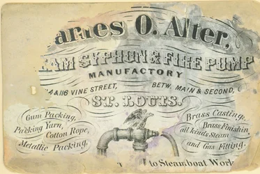 Visitenkarte von James O. Alter, Dampfsiphon- und Feuerpumpenfabrik, St. Louis, ca. 1870