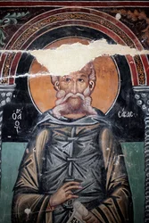 Byzantinisches Fresko aus dem 15. Jahrhundert (Detail) Heiliger Sabas Wandmalerei Michael Erzengel Kapelle, Dorf Galata Zypern Bemalte Kirchen UNESCO-Stätte Troodos, Zypern
