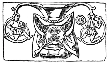 Schnitzerei einer Frau mit einem gehörnten Kopfschmuck, 15. Jahrhundert, 1910