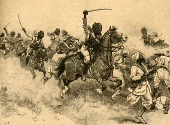 Angriff der Kavallerie in der Schlacht von Miani Meeanee, Sindh, Indien, 1843 um 1890