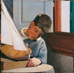 Kind, junger Junge, Sohn des Malers, sitzt an einem Tisch und spielt mit einem Boot, klassische Synthese, chromatische Balance, Pinselstriche voller Licht