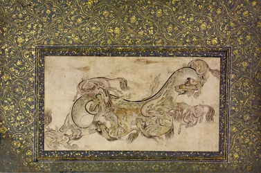 Chilins chinesische chimärische Kreaturen kämpfen mit einem Drachen, 16. Jahrhundert