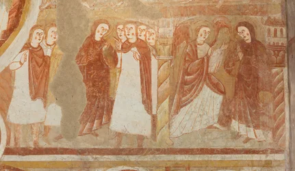 Kirche (Église Saint-Martin). Innenraum. Wandmalereien (Fresko). Westwand des Kirchenschiffs. Detail. Anklage und Verkündigung der Jungfrau. 12. Jahrhundert