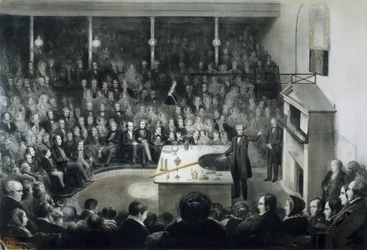 Vortrag des Physikers Michael Faraday (1791-1867) vor der Royal Institution in London am 27. Dezember 1855 in Anwesenheit von Prinz Albert von Sachsen-Coburg und Gotha