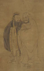 Konfuzius und Buddha wiegen einen Qilin, Ming-Dynastie