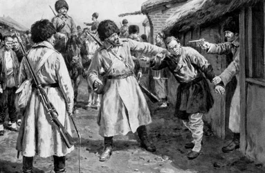 Kosaken suchen nach japanischen Spionen in einem mandschurischen Dorf, Russisch-Japanischer Krieg