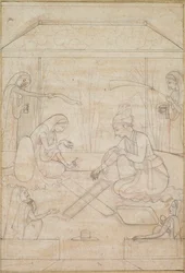 Paar spielt Chaupar auf einer Terrasse, ca. 1790-1800