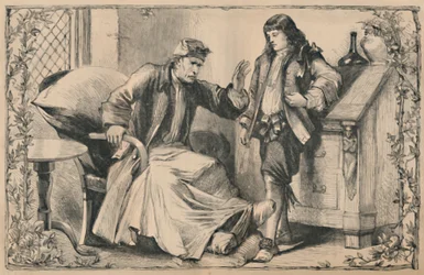 Crusoe wird von seinem Vater beraten, um 1870