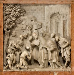 Krypta, Arche der Heiligen Marcellino und Peter Exorzist, Lorenzo Trotti, Die Bekehrung des Gefängniswärters Artemio, Kathedrale Santa Maria Assunta, Kathedrale, Cremona, Lombardei, Italien (Foto)