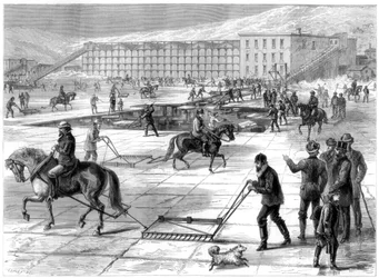 Eis schneiden und lagern am Hudson River, New York, USA, 1875