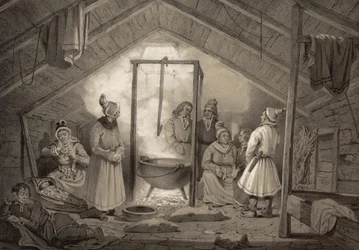 Das Innere einer Bauernhütte in Finmarken. Illustration aus dem Buch Norge fremstillet i Tegninger von P.Chr. Asbjørnsen, veröffentlicht von Chr. Tønsberg (Norwegen, 1848)