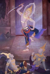 Detail eines Wandgemäldes in der Uposatha (Schreinhalle) des Buddhapadipa-Tempels, Wimbledon, Großbritannien