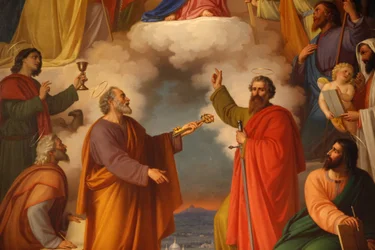 (Detail) eines Gemäldes in der Basilika Maria Ausiliatrice, das den Heiligen Petrus und den Heiligen Paulus zeigt, Turin, Italien