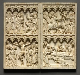 Diptychon mit Szenen aus dem Leben Christi linke Flügel: Auferweckung des Lazarus und Kreuzigung, um 135