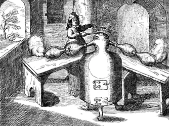Destillation von Salpetersäure in einem Eisenmann mit zwei Nasen, 1689