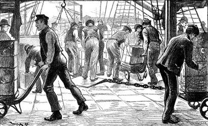 Docker entladen Tee in den Londoner Docks, 1889