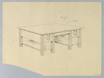 Zeichnung, Entwurf für einen massiven Bibliothekstisch mit quadratischen, geriffelten Beinen und offenen Streckregalen