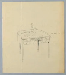 Zeichnung, Entwurf für einen halbkreisförmigen Schreibtisch mit reich verziertem Paneel in der Mitte