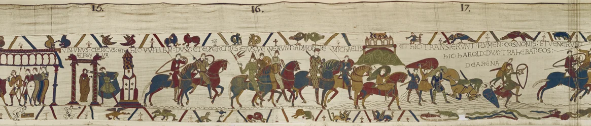 Herzog Wilhelm führt seine Armee in die Bretagne, wo Harold tapfer Soldaten aus dem Treibsand rettet, Teppich von Bayeux (Wollstickerei auf Leinen)