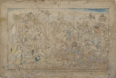 Durga, Kali und fünf Matrikas kämpfen gegen die Daitya-Armee des Dämons Shumbha... (ca. 1780)