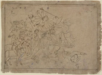 Durga, Kali und die Matrikas kämpfen gegen den Dämon Raktabija: Szene aus dem Devi Mahatmya, ca. 1780