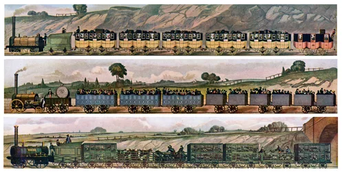 Frühe Eisenbahnwagen, die Liverpool und Manchester Railway, England, 1831, ca. 1900-1920