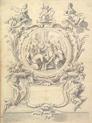 Aufwendig gerahmtes Rundbild von Christus wäscht die Füße der Apostel, nach 1800