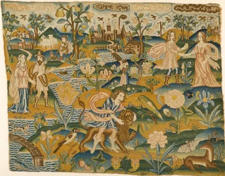 Gesticktes Bild: Mann mit einem Löwen in einer Landschaft mit zwei Paaren, 2. Hälfte des 17. Jahrhunderts