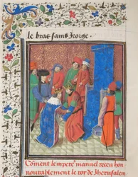 Kaiser Manuel I. Komnenos trifft König Amalrich I. von Jerusalem. Miniatur aus der Historia von Wilhelm von Tyrus, 1460er Jahre