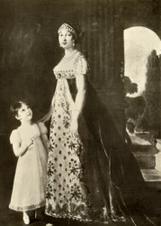 Empire-Kleid und Kinderkleid mit Valenciennes-Spitze besetzt, 1804, 1937