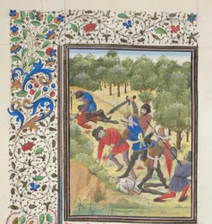 Kampf im Wald zwischen Christen und Sarazenen. Miniatur aus der Historia von Wilhelm von Tyrus, 1460er