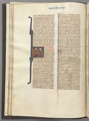 Fol. 20v, Exodus, historiierte Initiale H, Moses und zwei Anhänger mit den Gesetzestafeln, ca. 127