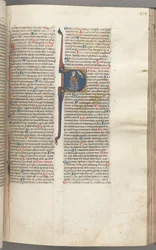Fol. 218r, Psalm 26, historiierte Initiale D, David kniet und zeigt auf seine Augen, die Büste Gottes...