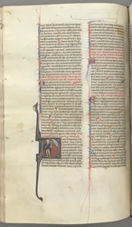 Fol. 222v, Psalm 52, historisierte Initiale D, ein Narr nackt bis auf einen Umhang, hält eine Blase..., ca. 1