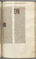 Fol. 320r, Ezechiel, historiierte Initiale E, ein schlafender Ezechiel mit seiner Vision der vier Tiere
