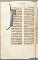 Fol. 453v, Kolosser, historiierte Initiale P, Paulus spricht zu der Büste Gottes oben, c. 127